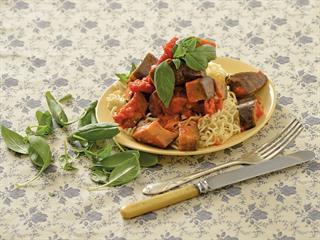 Pasta with brinjals and tomatoes