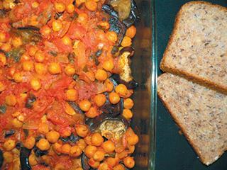 Chickpea, brinjal and tomato bake