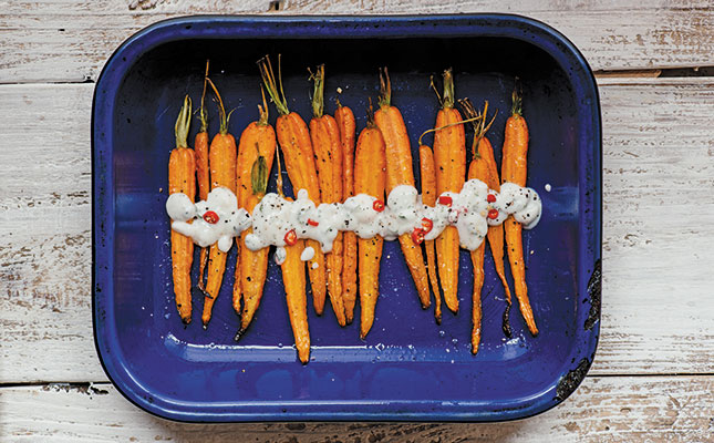 Roasted carrots in a dhania-chilli-yoghurt sauce Roasted carrots in a dhania-chilli-yoghurt sauce