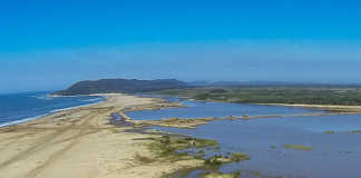 A May 2017 photograph showing the significant progress been made by removing over 1 million m3 of dredge spoil that separates the Mfolozi River from Lake St Lucia Estuary.