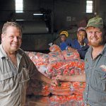 Johannes Griesel and his son Fanie in the packhouse. In the background are employees Lehlohonolo Ntlakane (left) and Lebele.