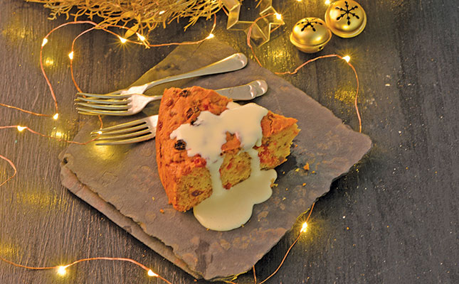 Light fruit cake with brandy sauce