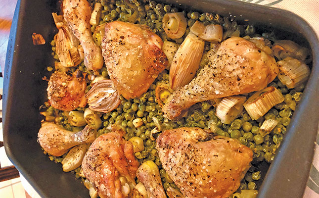 Nigella’s chicken and peas traybake