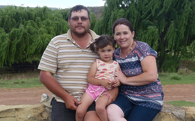 Cornel and Charlotte with their youngest daughter, Janeske, on Wildefontein. Their other three daughters, Chanel, Zané and Valri, attend boarding school in Zastron in the southern Free State. 