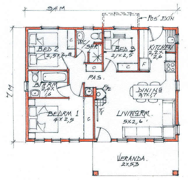 Tuscan-style 3 bedroom home sketch