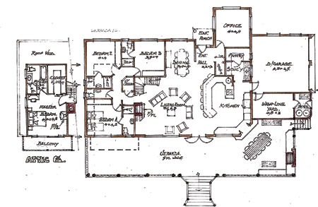 Floor plan -House 240m2; Garage 49m2; Attic bedroom 38m2; Veranda 133m2